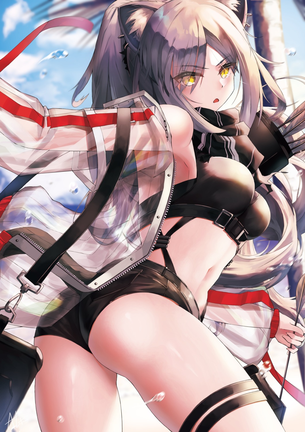 animal_ears arknights ass garter kxc7357 open_shirt schwarz_(arknights) see_through tail weapon