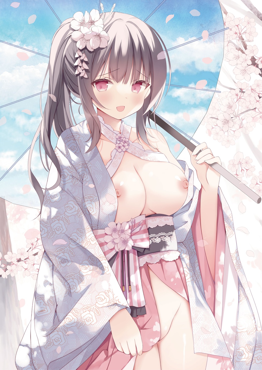 breasts hoshino_koucha japanese_clothes nipples no_bra nopan open_shirt skirt_lift umbrella