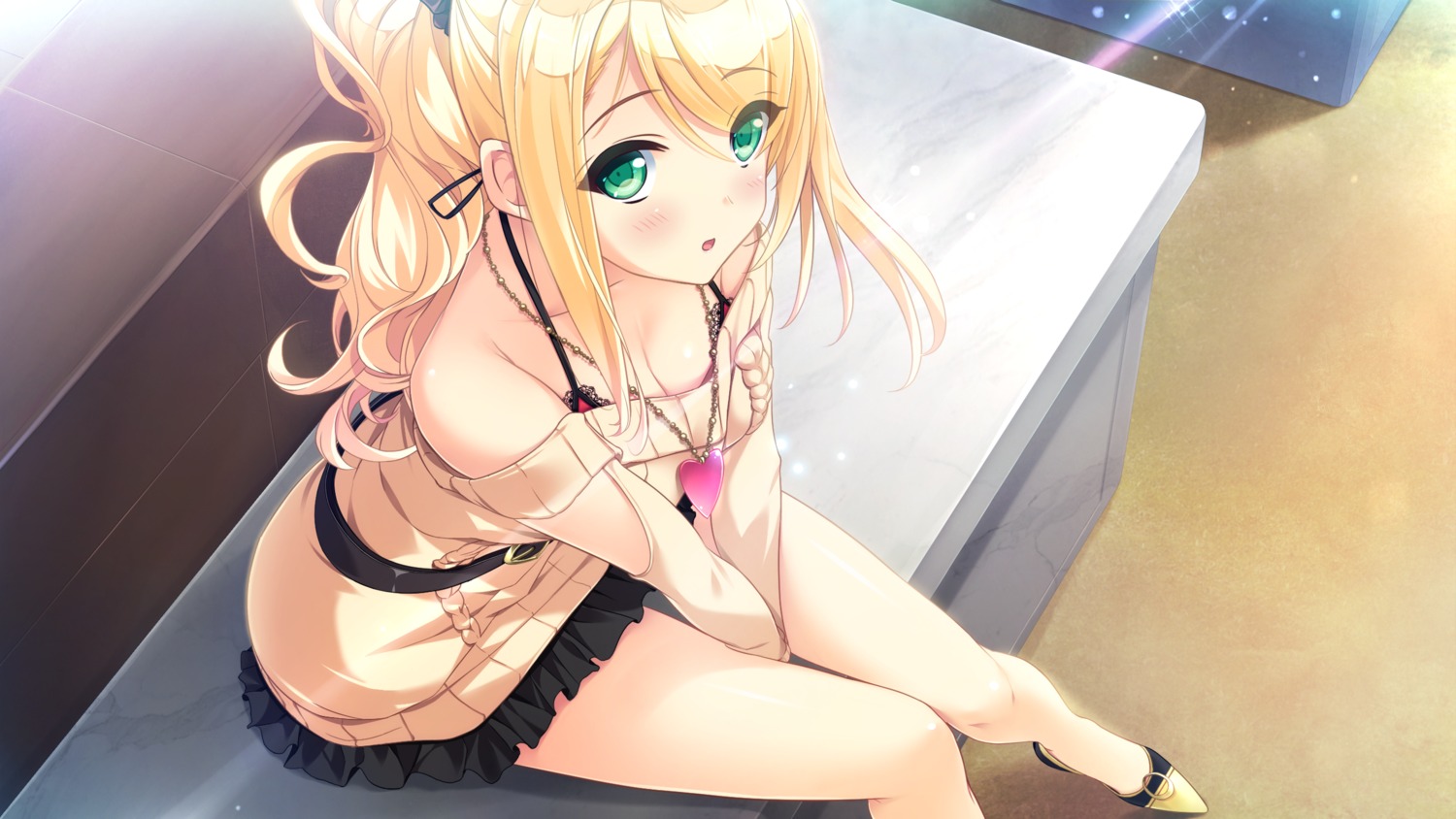 bra cleavage dress game_cg kunugi_maika lovekami_-trouble_goddess- mizuno_sao sweater