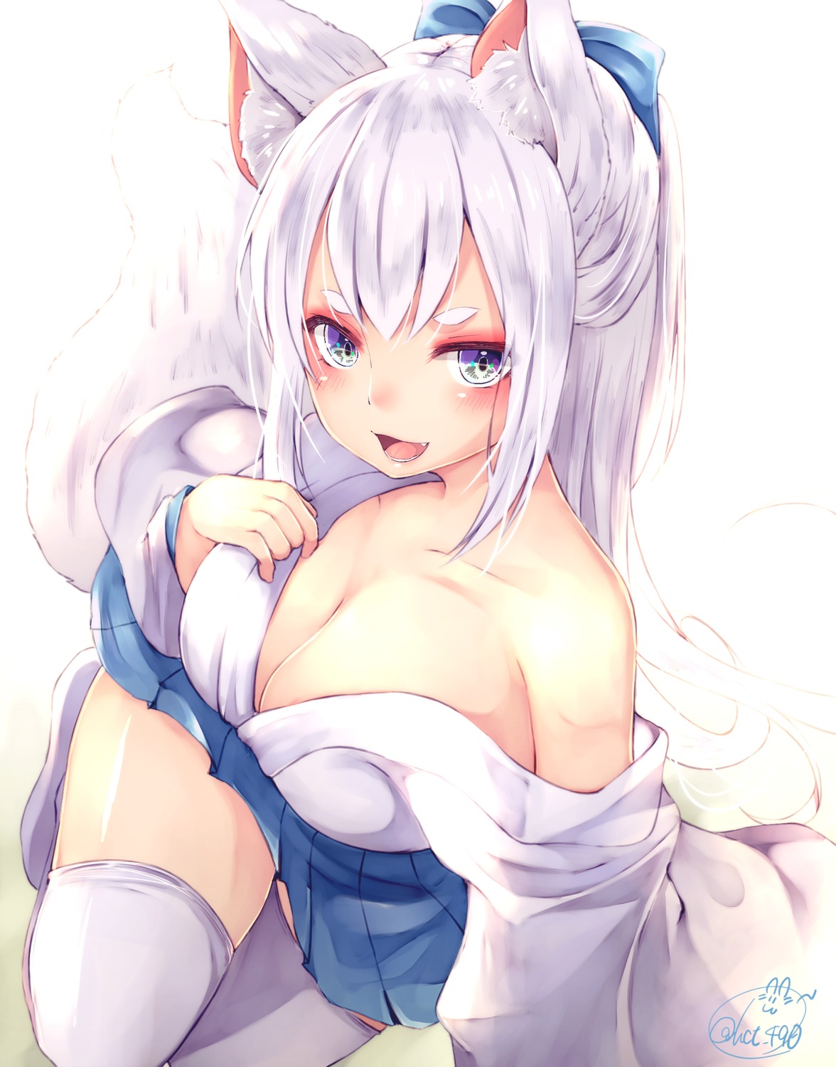 animal_ears chita_(ketchup) cleavage kitsune open_shirt tail thighhighs undressing