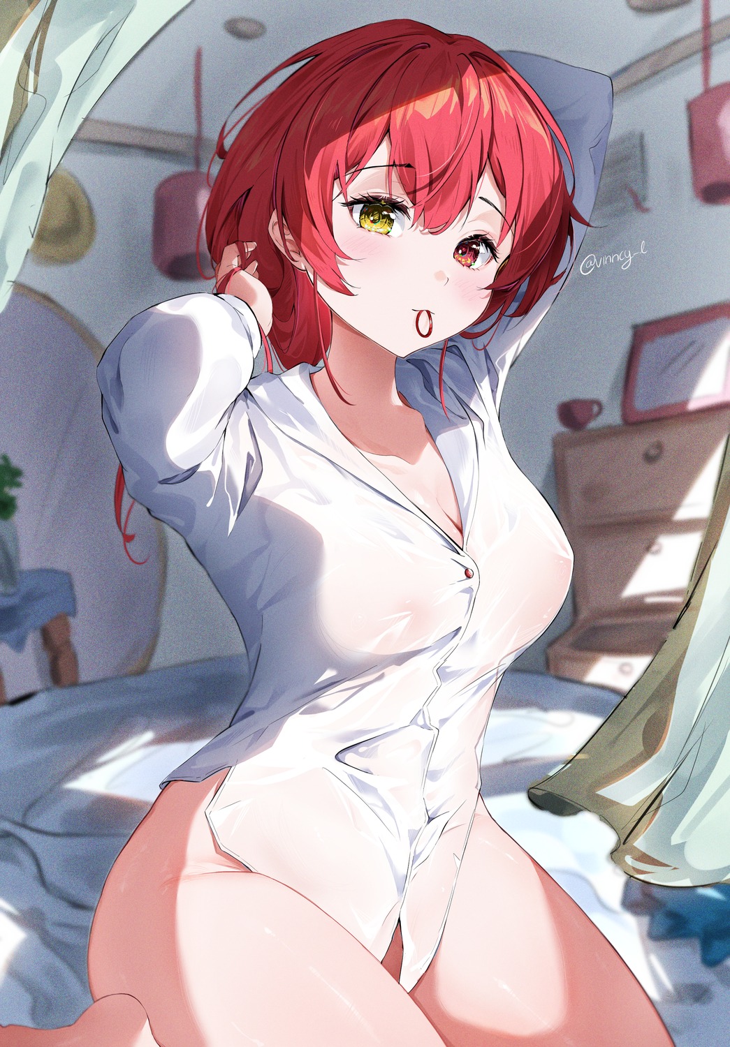 areola bottomless dress_shirt heterochromia hololive houshou_marine no_bra see_through vincent_leo