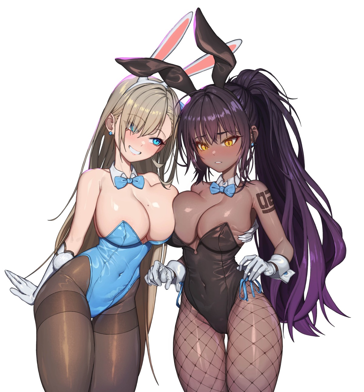 animal_ears blue_archive bunny_ears bunny_girl fishnets hellk111 ichinose_asuna kakudate_karin no_bra pantyhose tattoo