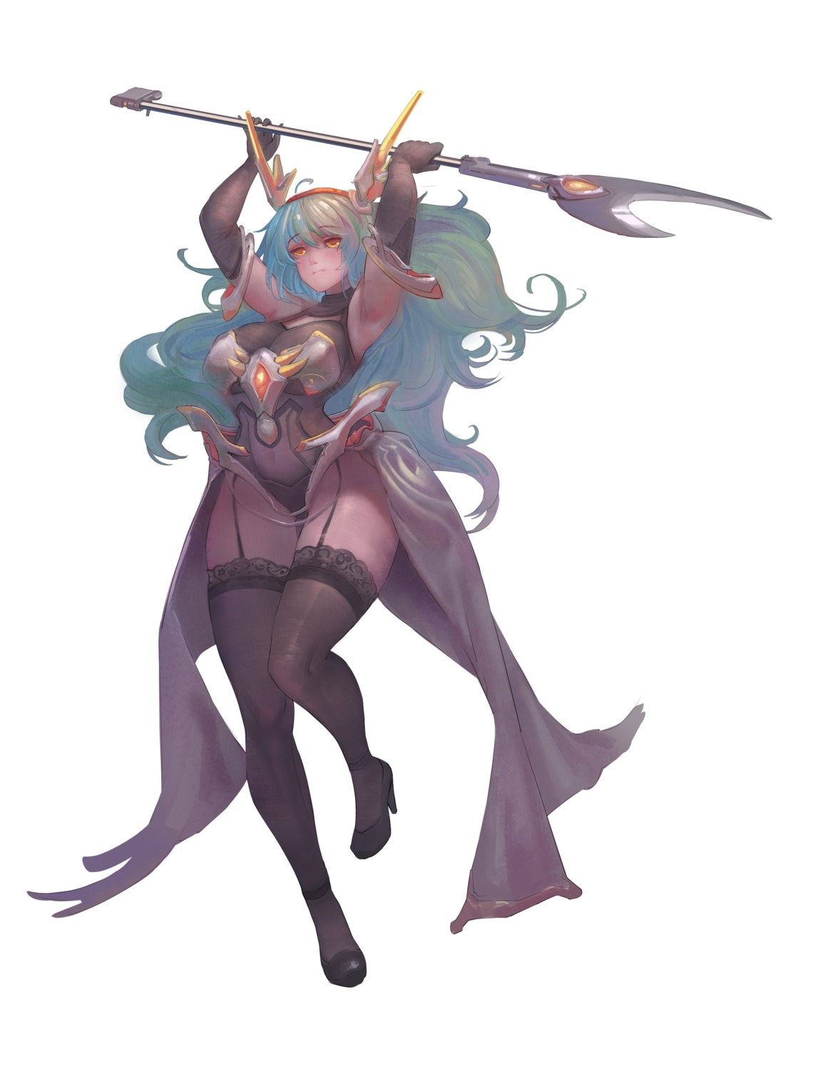 armor heels horns leotard see_through stockings thighhighs weapon xionghan_de_guangtou