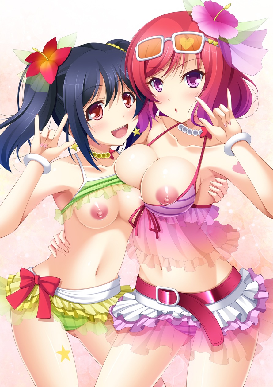 bikini breasts love_live! narutaki_shin nipples nishikino_maki see_through swimsuits yazawa_nico