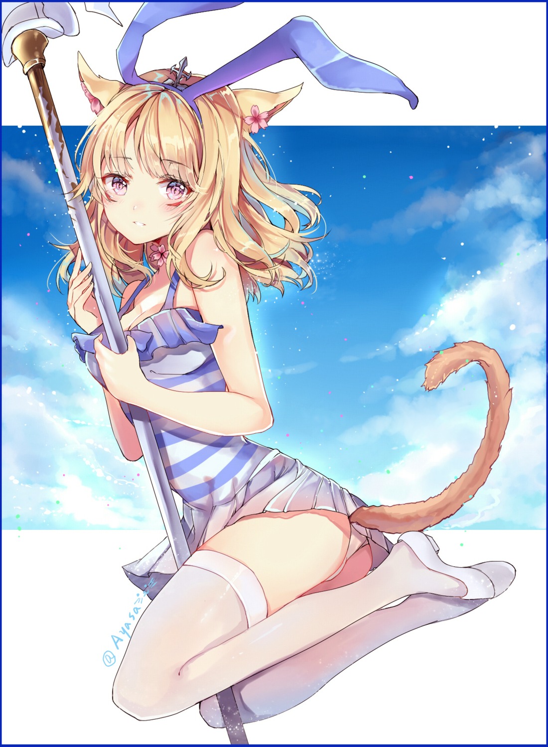 animal_ears cleavage final_fantasy final_fantasy_xiv miqo'te pantsu tail takitou thighhighs weapon