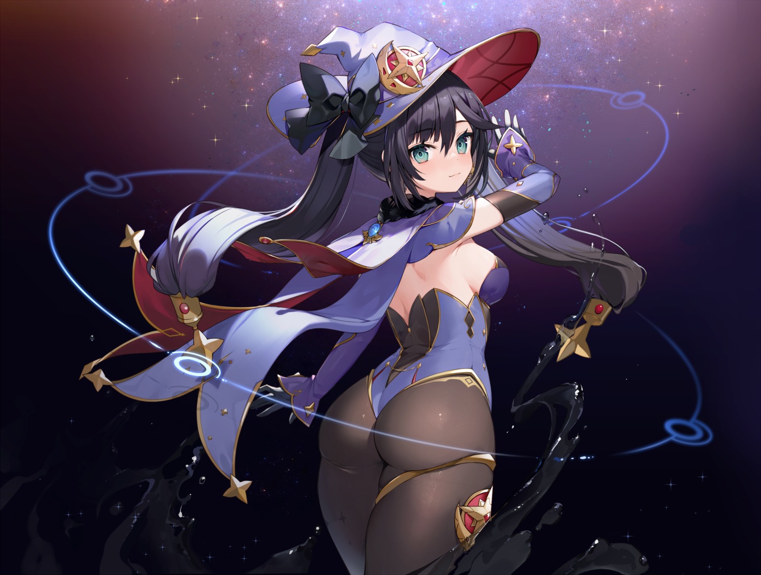 ass garter genshin_impact leotard mona_megistus muryo no_bra pantyhose witch