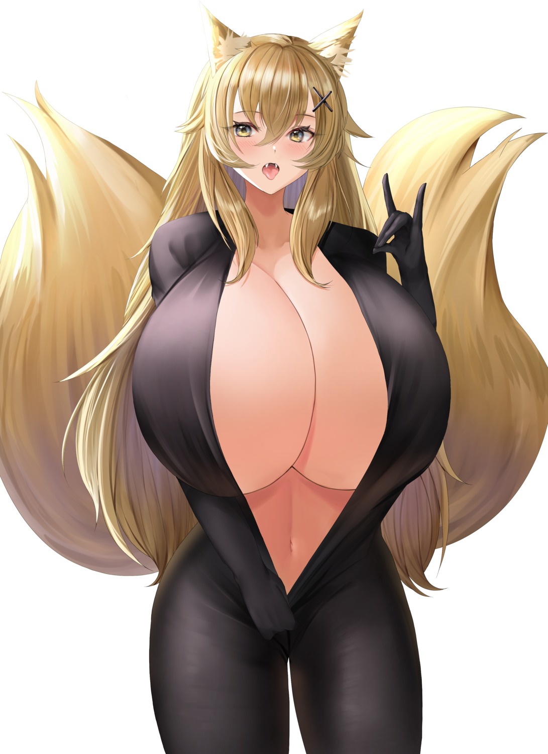 animal_ears bodysuit kitsune no_bra open_shirt tagme tail