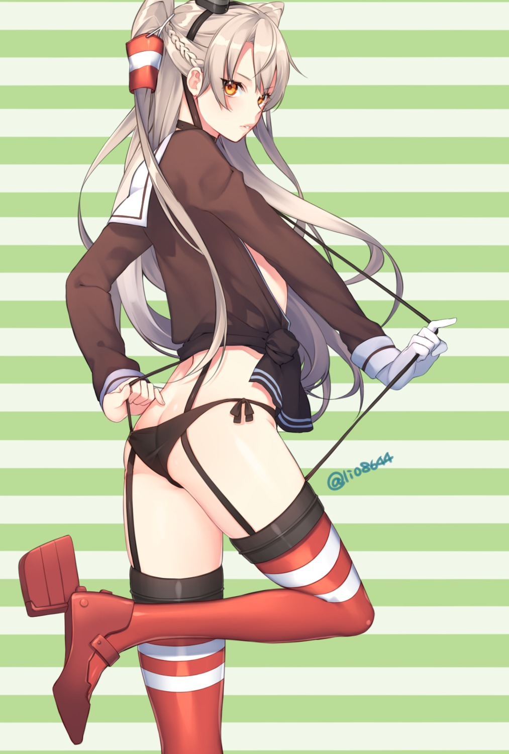 amatsukaze_(kancolle) ass heels kantai_collection lio_(rumei2265874644) open_shirt pantsu stockings string_panties thighhighs