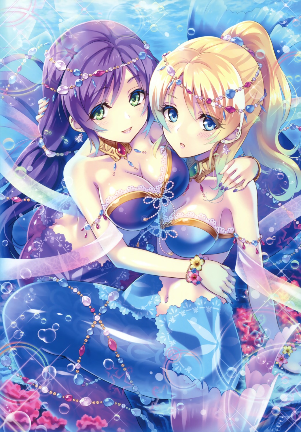 ayase_eli bikini_top cleavage love_live! mermaid monster_girl swimsuits tail toujou_nozomi urabi wet