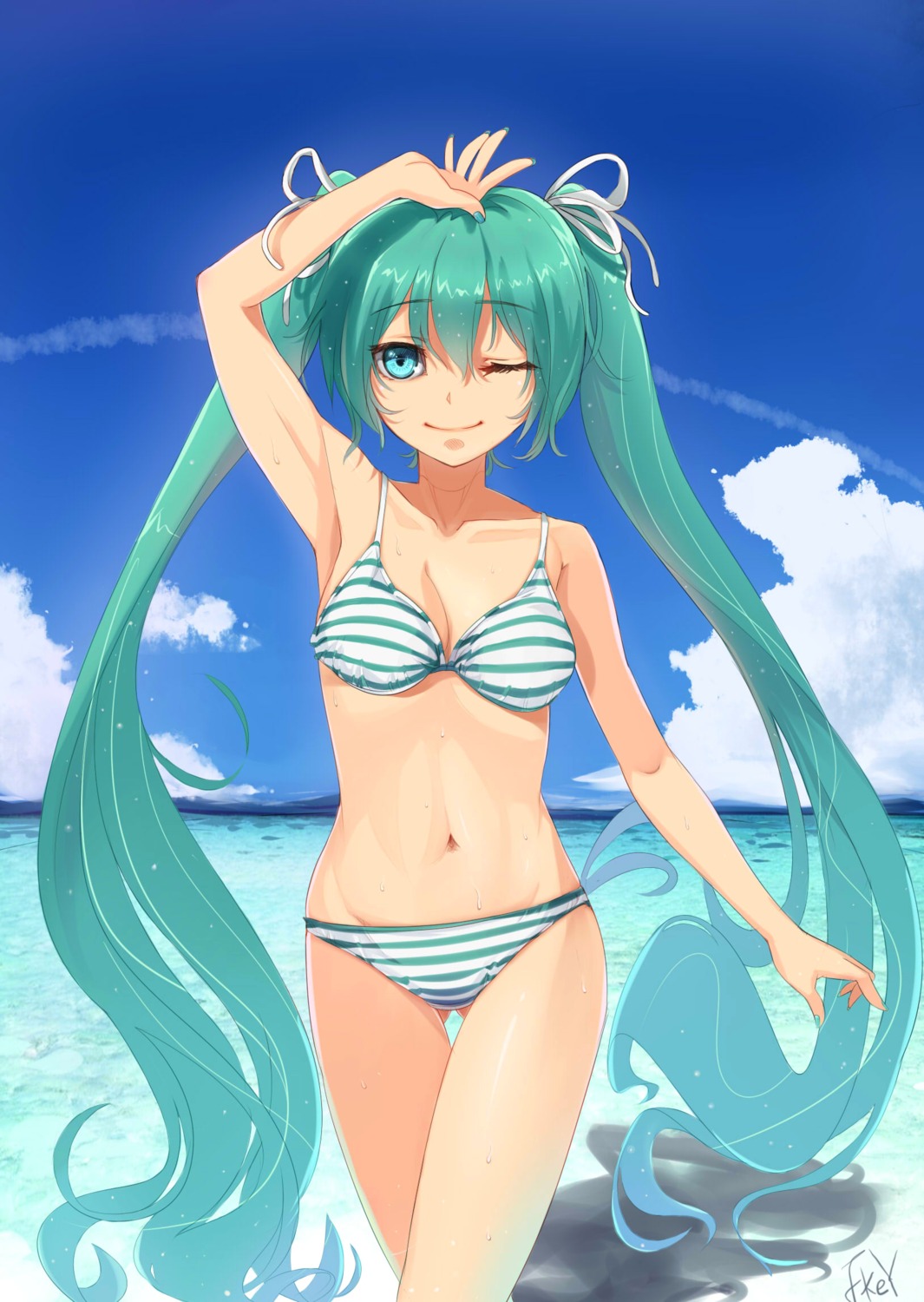 bikini cleavage hatsune_miku jpeg_artifacts swimsuits vocaloid zengxianxin