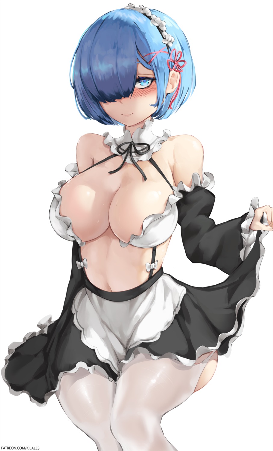 kilalesi maid no_bra re_zero_kara_hajimeru_isekai_seikatsu rem_(re_zero) skirt_lift stockings thighhighs