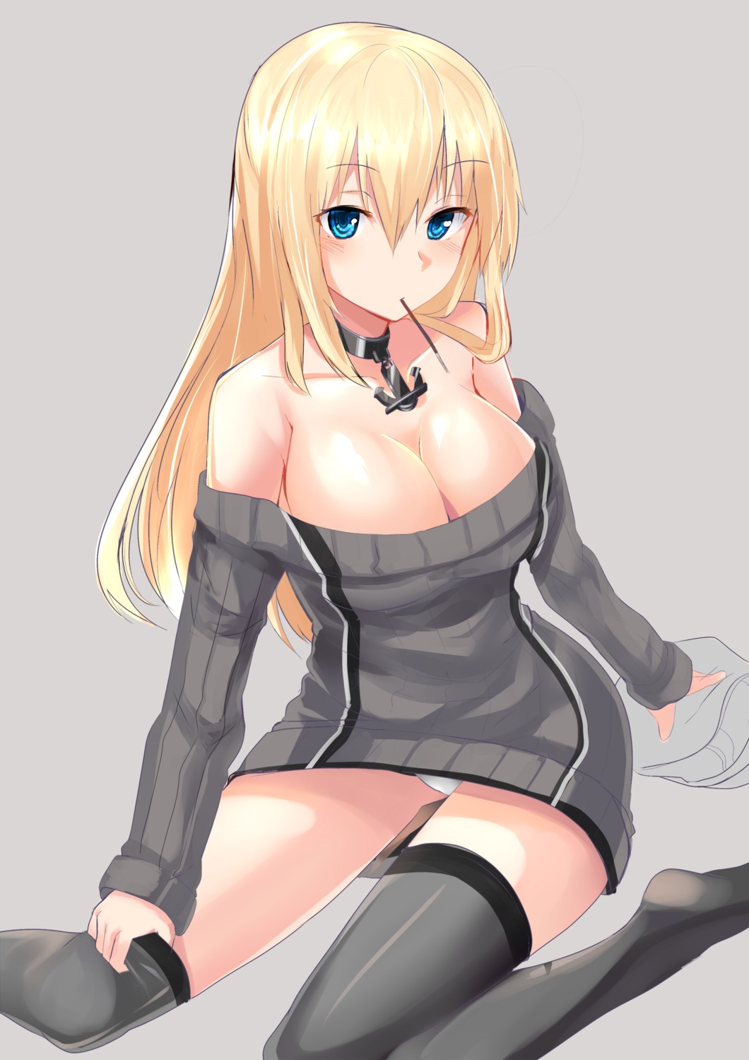 bismarck_(kancolle) cleavage haik kantai_collection no_bra pantsu thighhighs