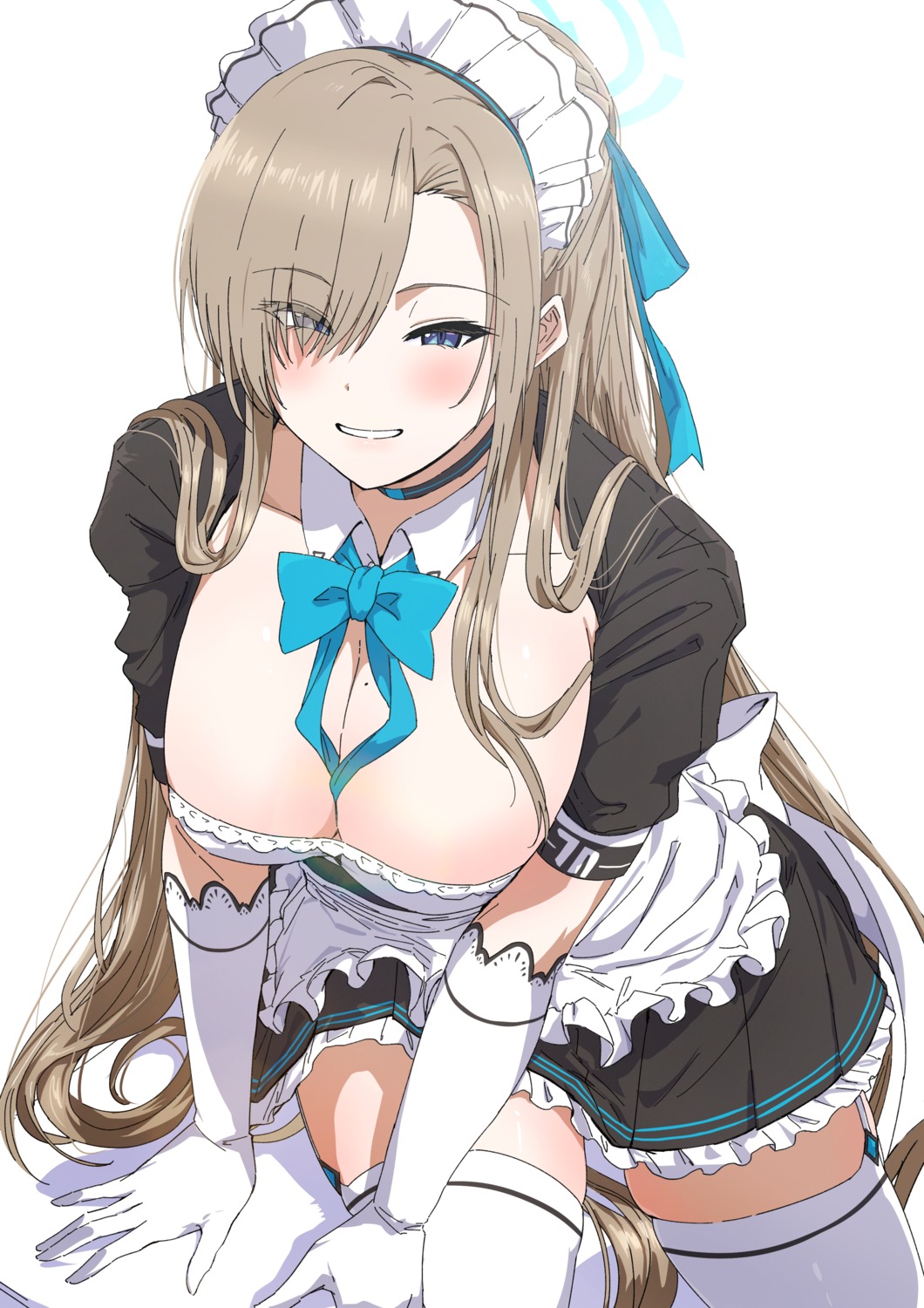 blue_archive halo ichinose_asuna maid misaki_nonaka no_bra stockings thighhighs