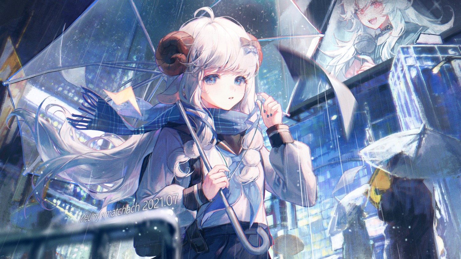 animal_ears horns maccha_(mochancc) seifuku umbrella wallpaper