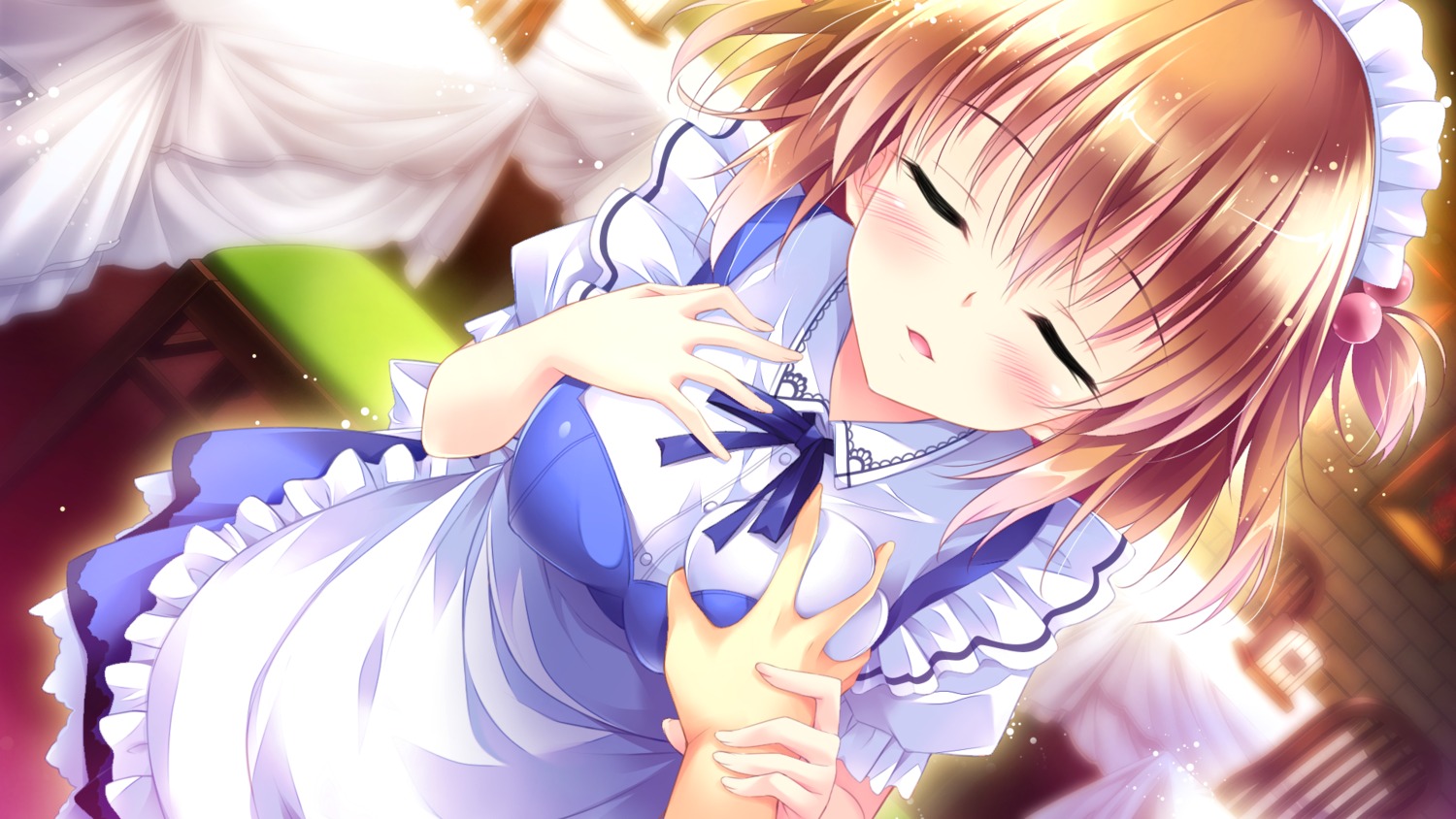 breast_grab dress ensemble_(company) game_cg golden_marriage hayakawa_harui maid tange_kasumi waitress