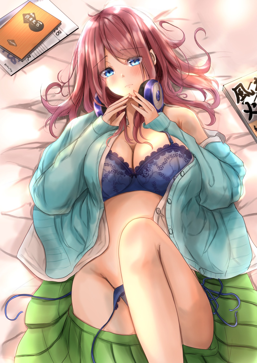 5-toubun_no_hanayome ayachanman bra headphones nakano_miku open_shirt pantsu panty_pull seifuku string_panties sweater