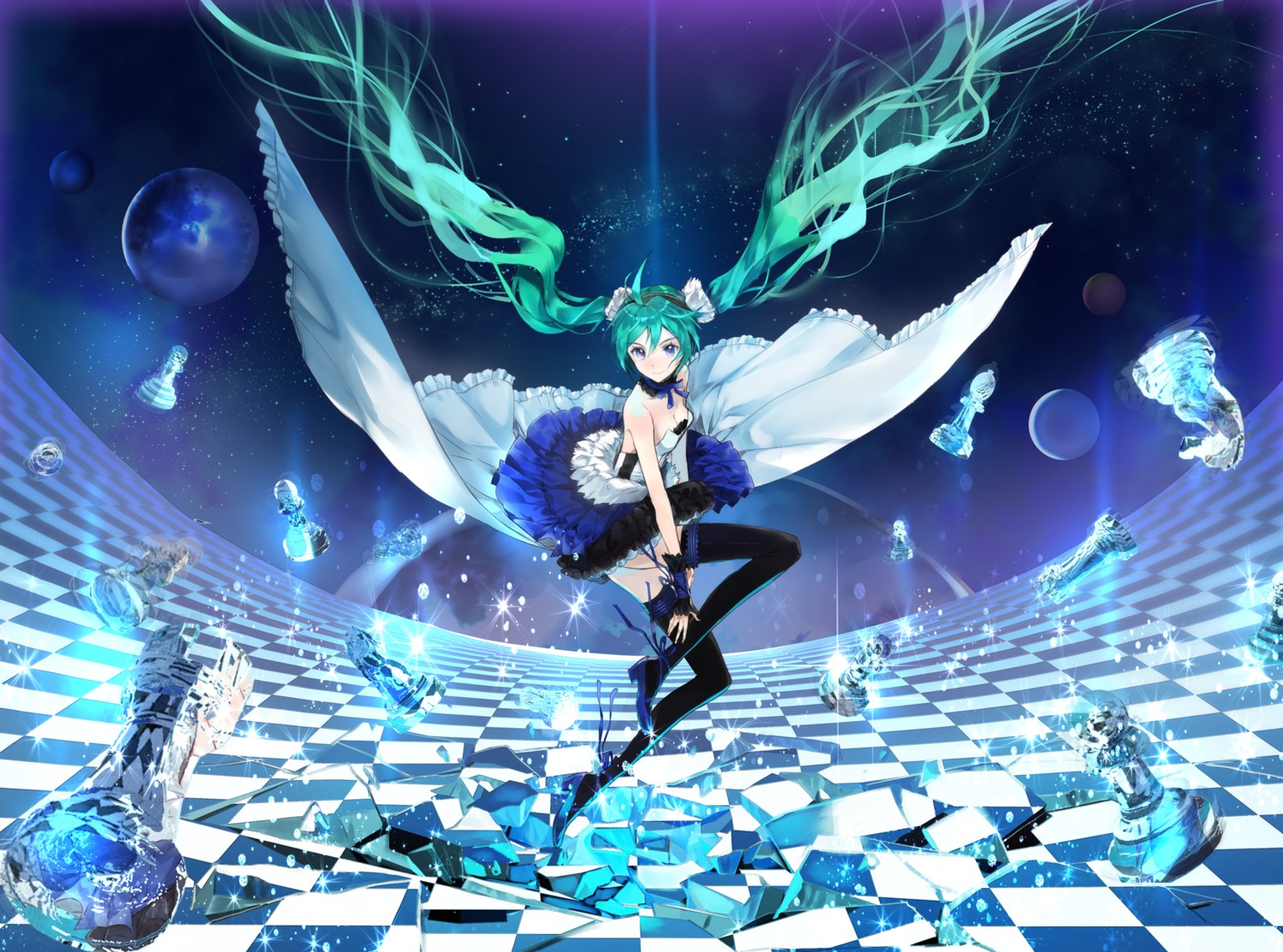 7th_dragon 7th_dragon_2020 cleavage dress hatsune_miku heels macciatto_(aciel02) thighhighs vocaloid