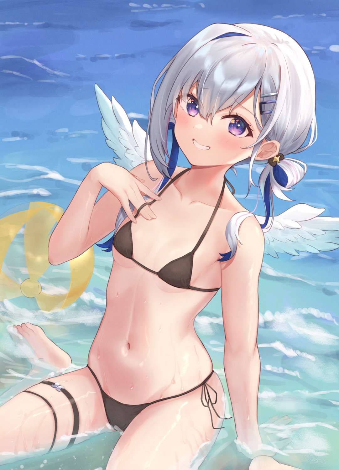 amane_kanata bikini fue_(lars0713) garter hololive swimsuits wet wings