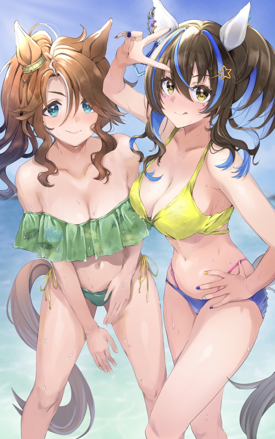 animal_ears bikini daitaku_helios_(umamusume) horei_tsuna mejiro_palmer_(umamusume) swimsuits tail uma_musume_pretty_derby