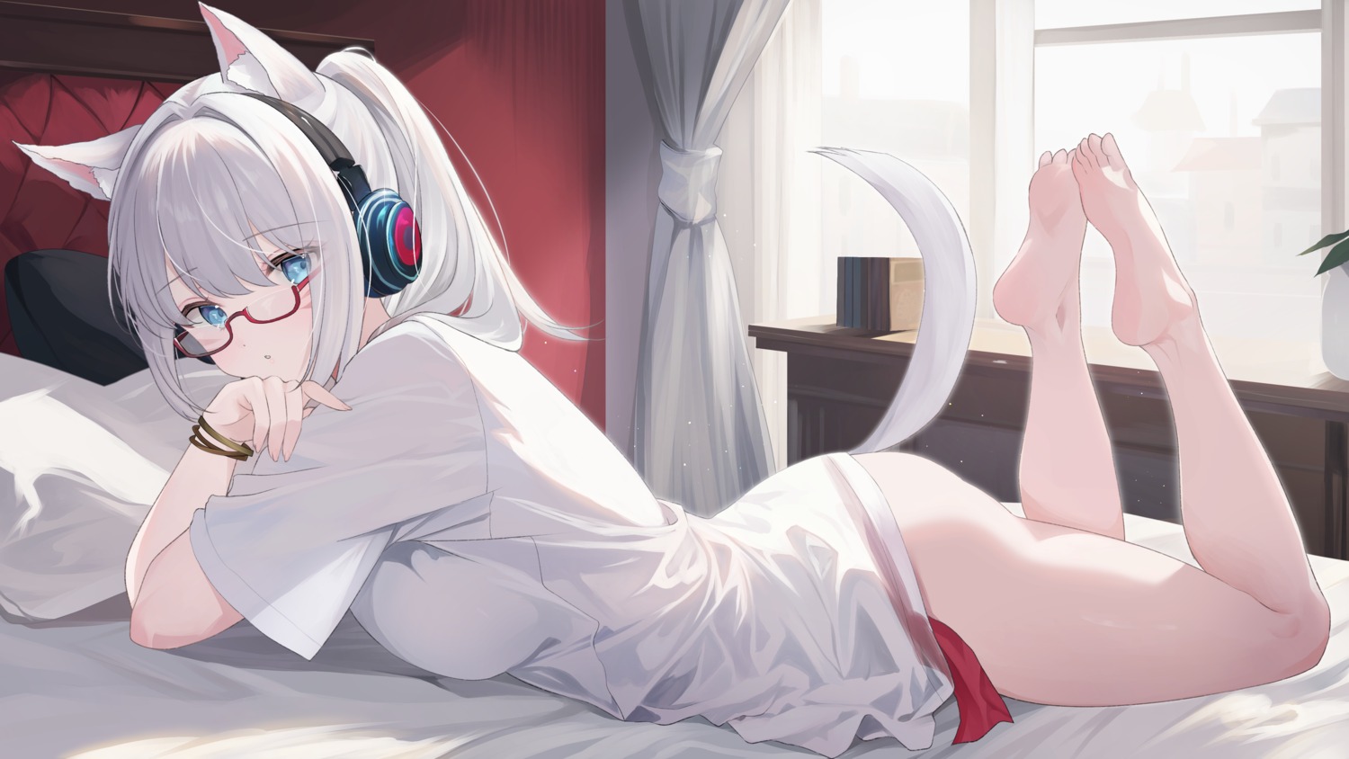 animal_ears final_fantasy final_fantasy_xiv headphones kurage_cc megane miqo'te nekomimi see_through tail wallpaper