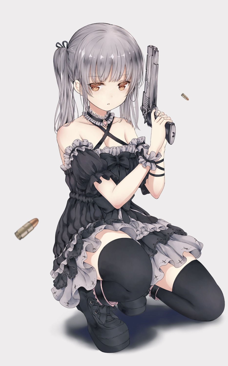 catbell cleavage dress gun heels thighhighs