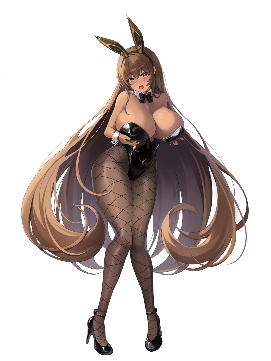 animal_ears breast_hold bunny_ears bunny_girl fishnets goddess_of_victory:_nikke heels no_bra noir_(nikke) pantyhose silverrain_72