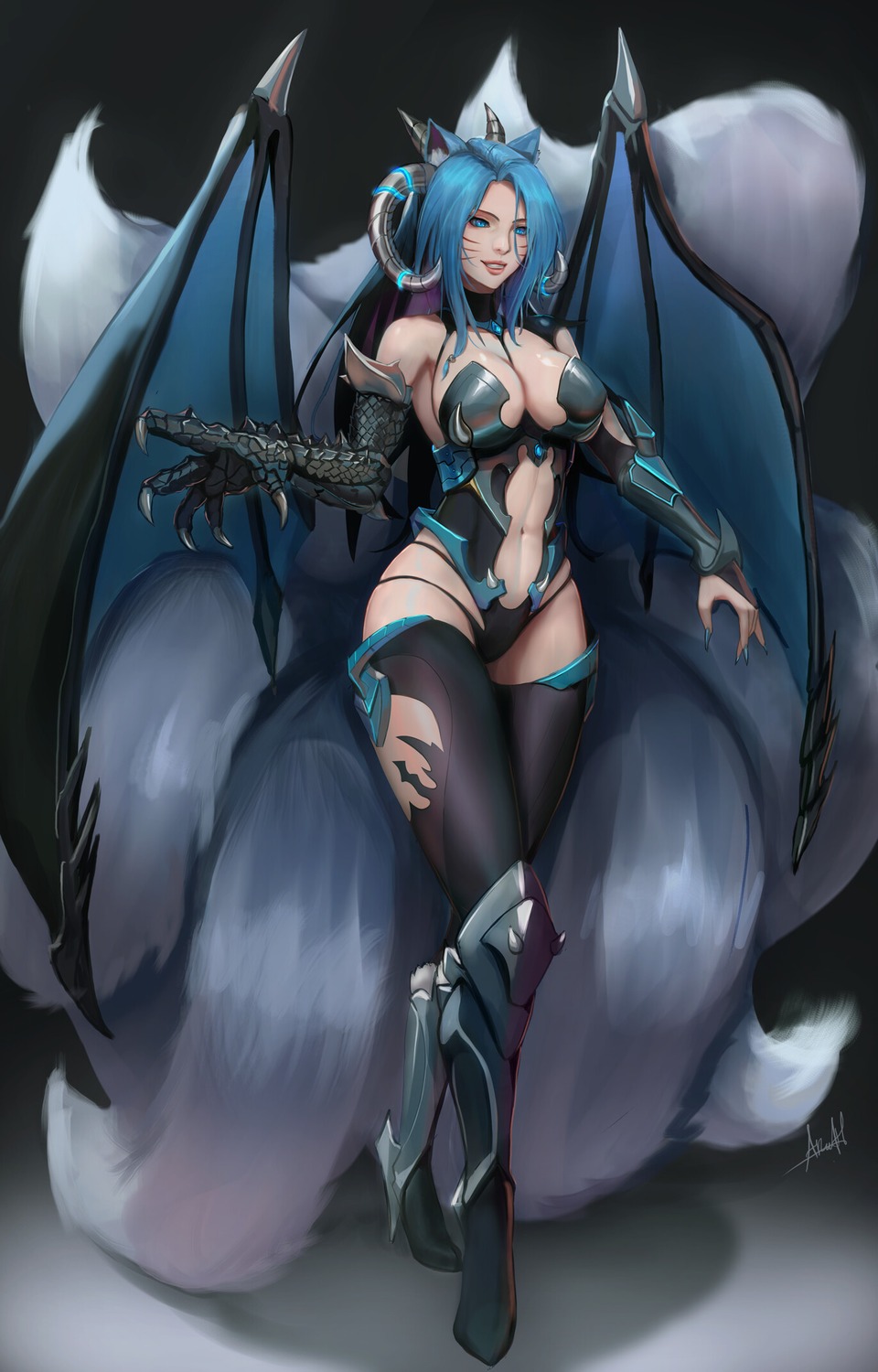 animal_ears ari_hidayat armor heels kitsune monster_girl no_bra tail thighhighs wings