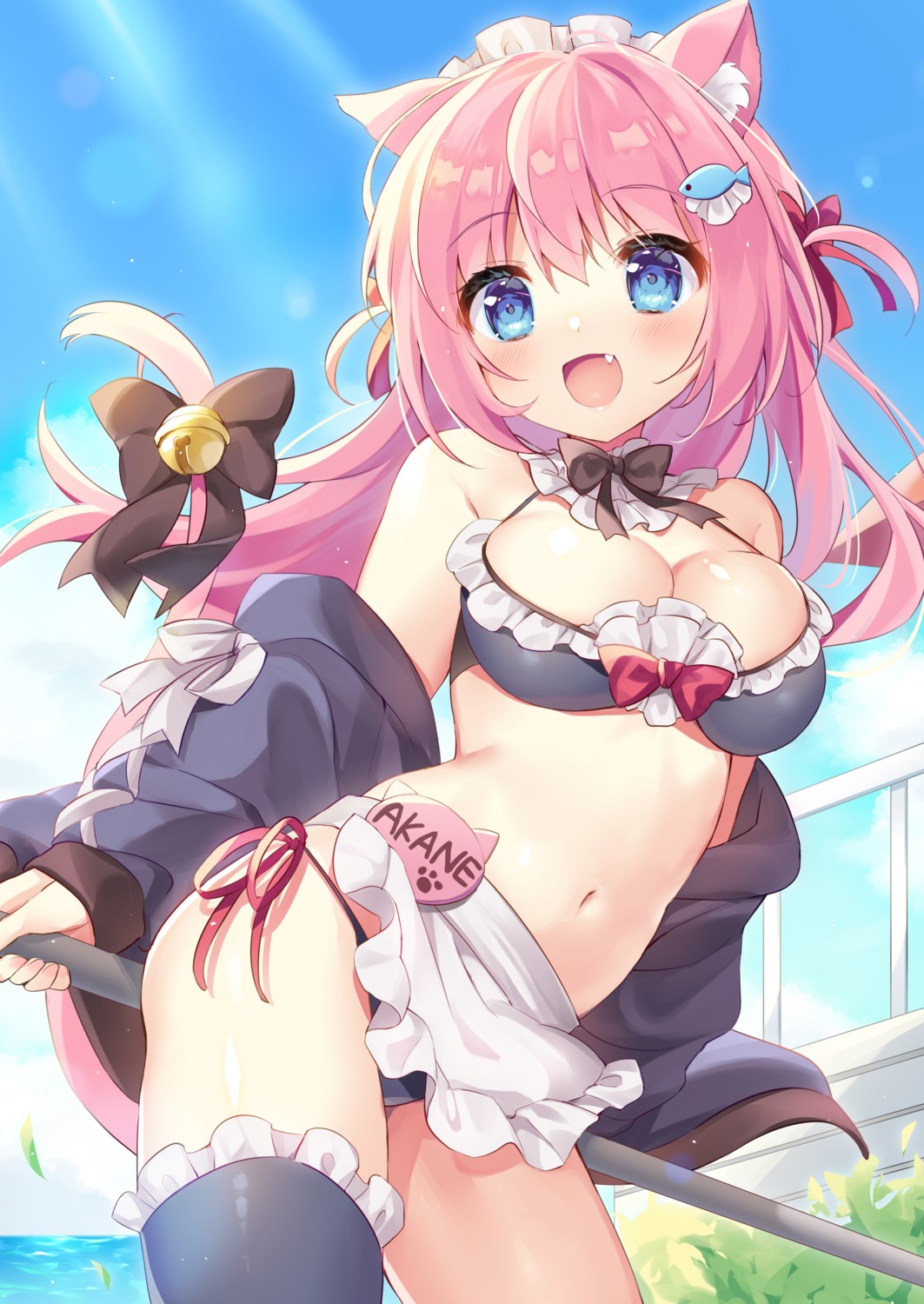 animal_ears bikini maid natsuki_marina nekomimi open_shirt skirt_lift swimsuits tail thighhighs