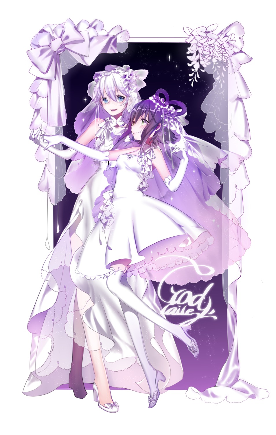 dress godlailer heels luo_tianyi thighhighs vocaloid wedding_dress yuri