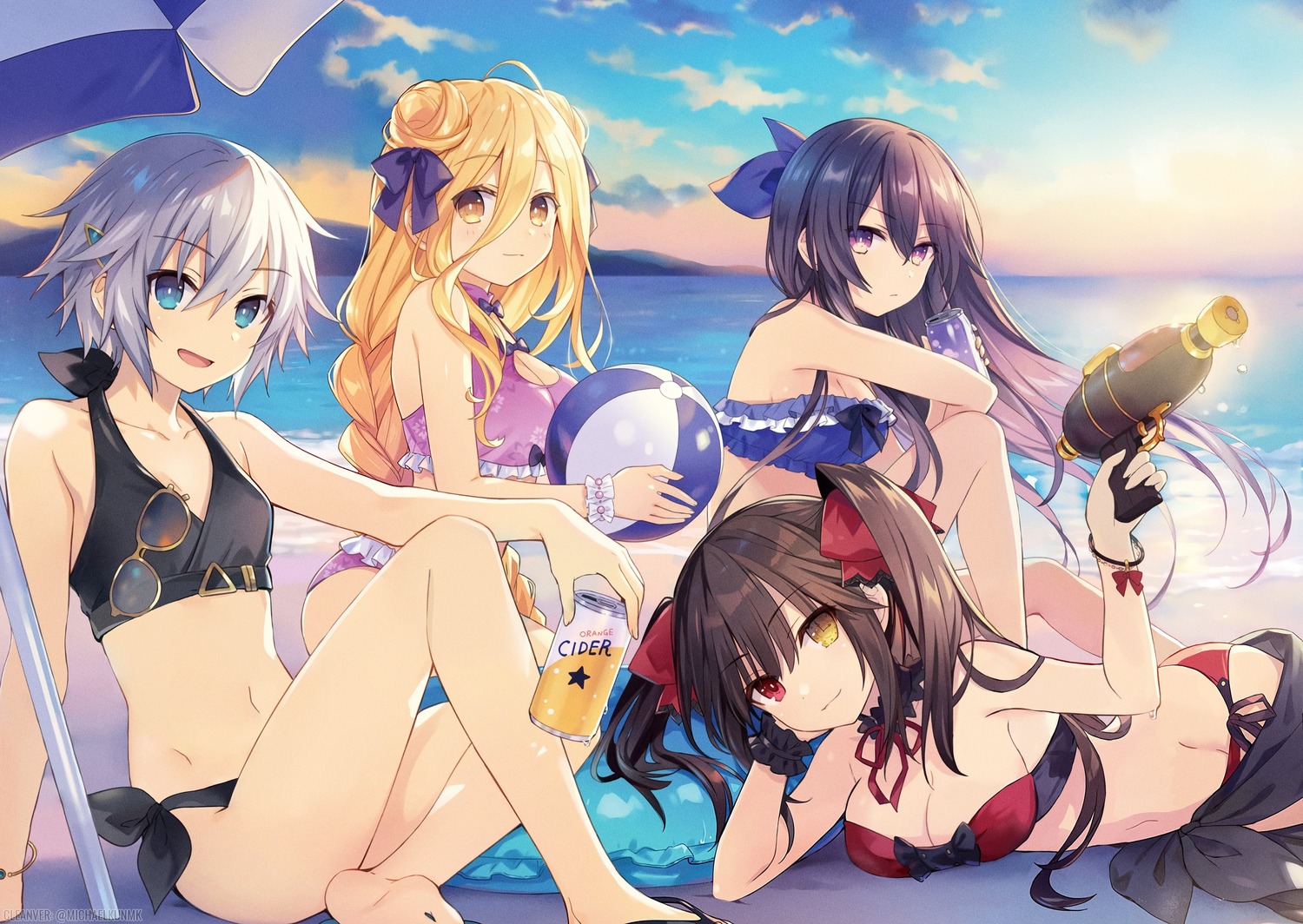 bikini cleavage date_a_live gun heterochromia honjou_nia_(date_a_live) hoshimiya_mukuro megane swimsuits tokisaki_kurumi tsunako yatogami_tenka