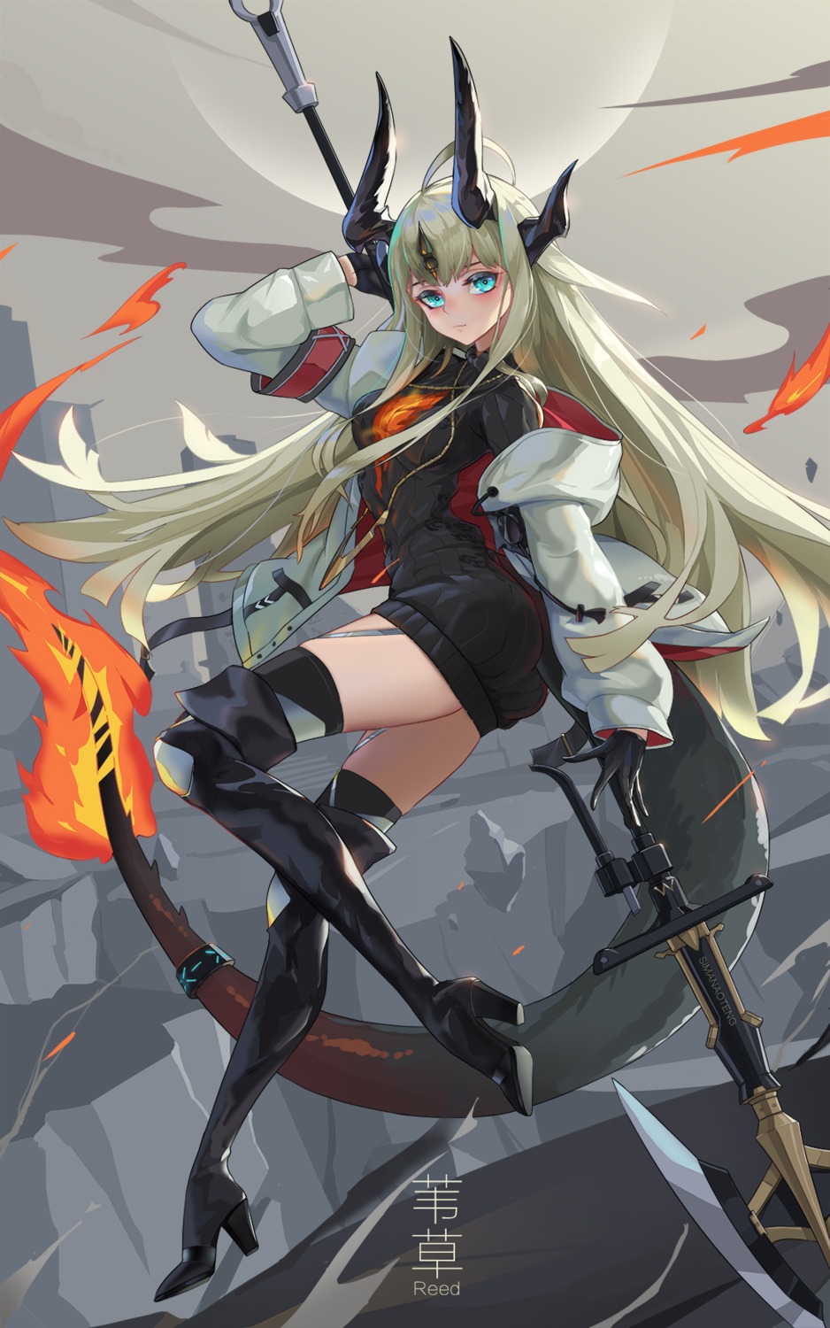 arknights heels horns reed_(arknights) sima_naoteng stockings tail thighhighs weapon