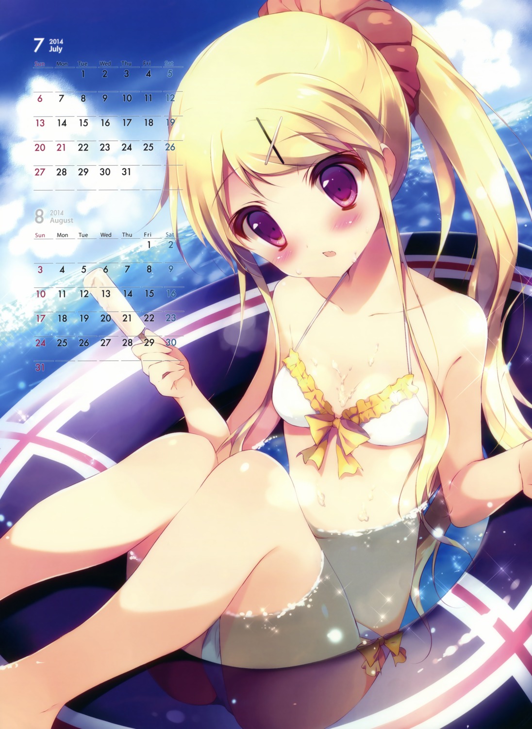 bikini calendar cameltoe cleavage cream kin'iro_mosaic kujou_karen shiratama shiratamaco swimsuits wet