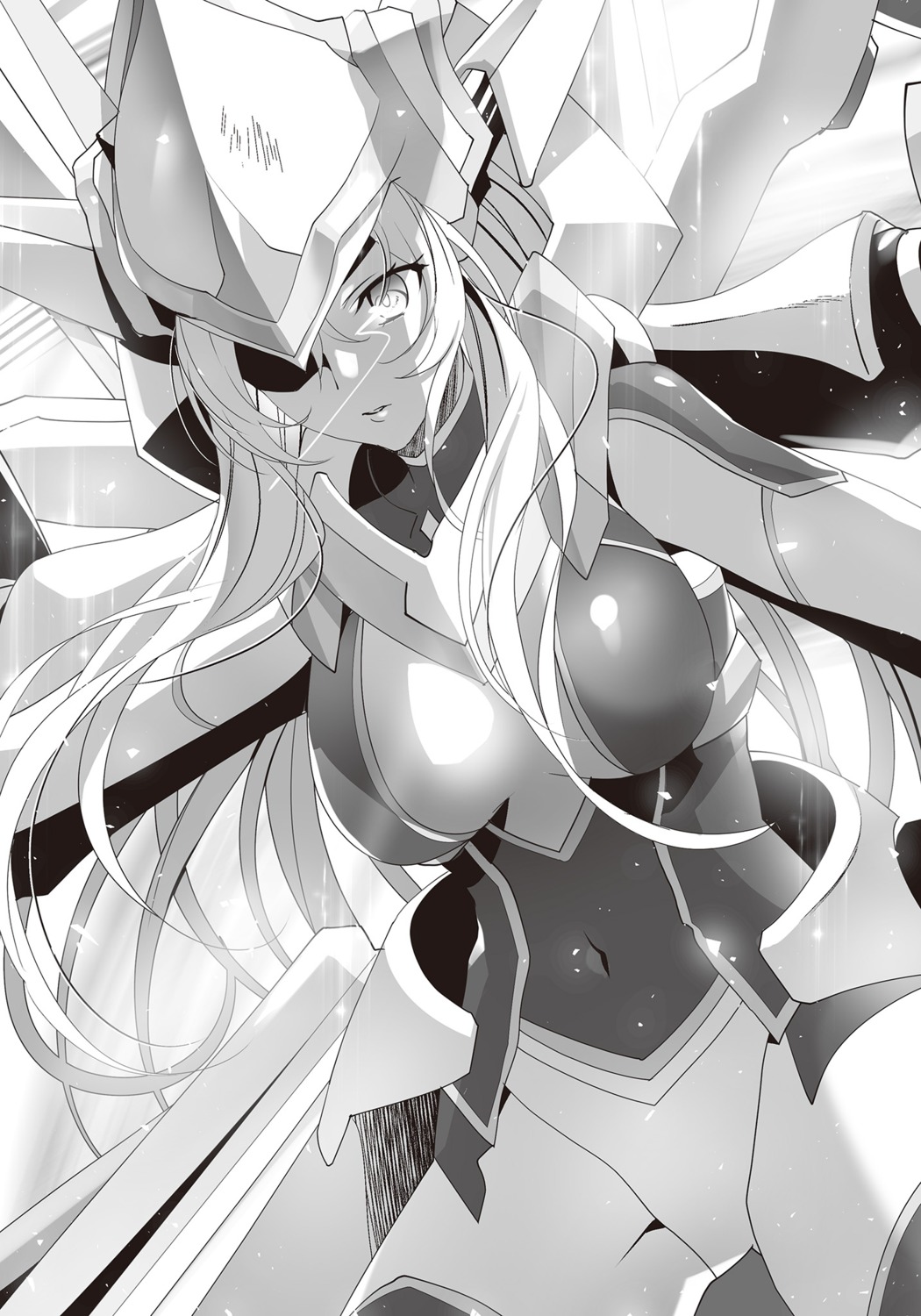 armor bodysuit celistia_ralgris eyepatch monochrome murakami_yuichi saijaku_muhai_no_bahamut