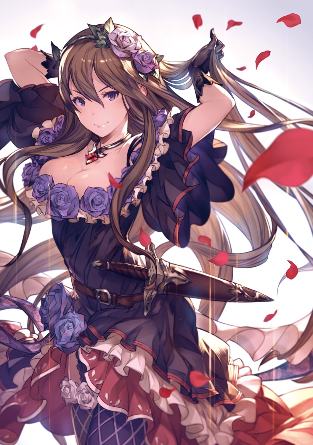 cleavage dress granblue_fantasy minaba_hideo rosetta_(granblue_fantasy) sword thighhighs