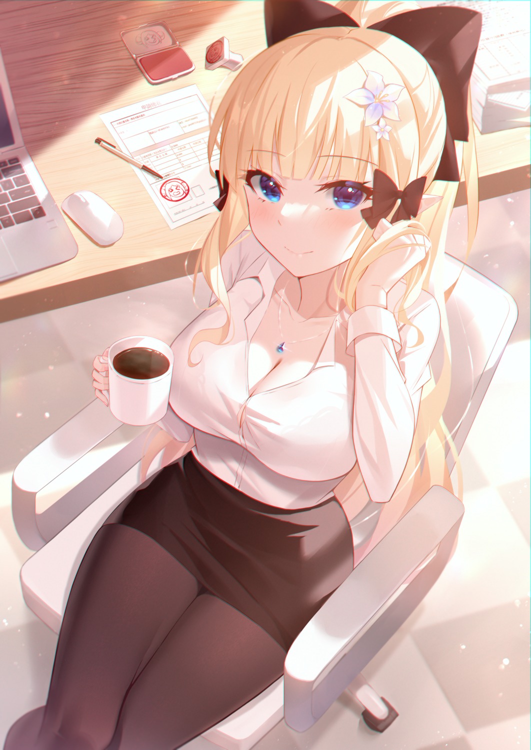 black_fire cleavage dress_shirt open_shirt pantyhose pointy_ears princess_connect princess_connect!_re:dive sasaki_saren