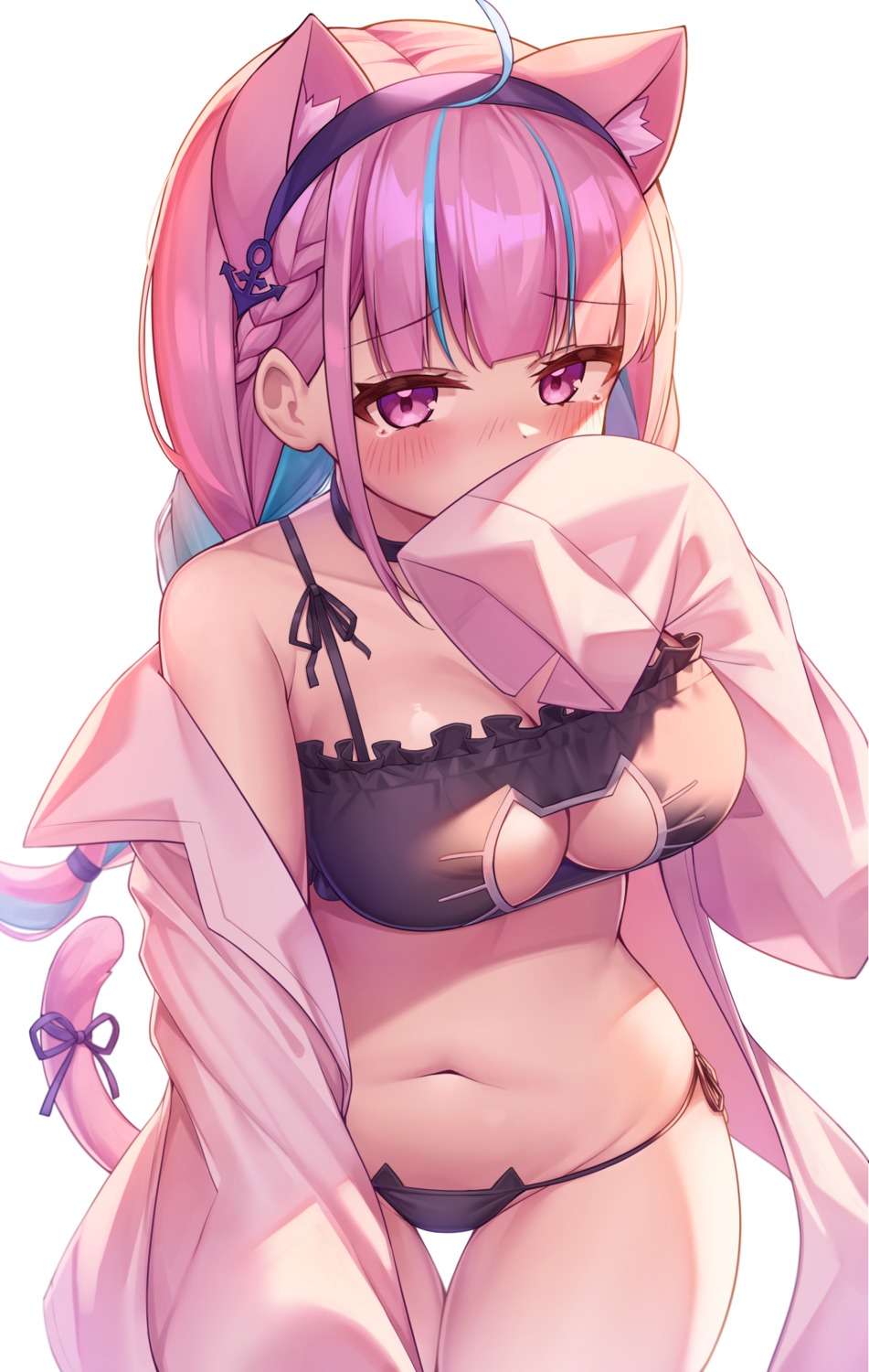 animal_ears bra deaver hololive minato_aqua nekomimi open_shirt pantsu string_panties tail