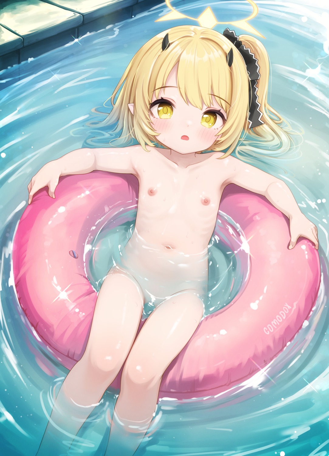 blue_archive censored comodomodo halo horns loli naked nipples pointy_ears tanga_ibuki wet