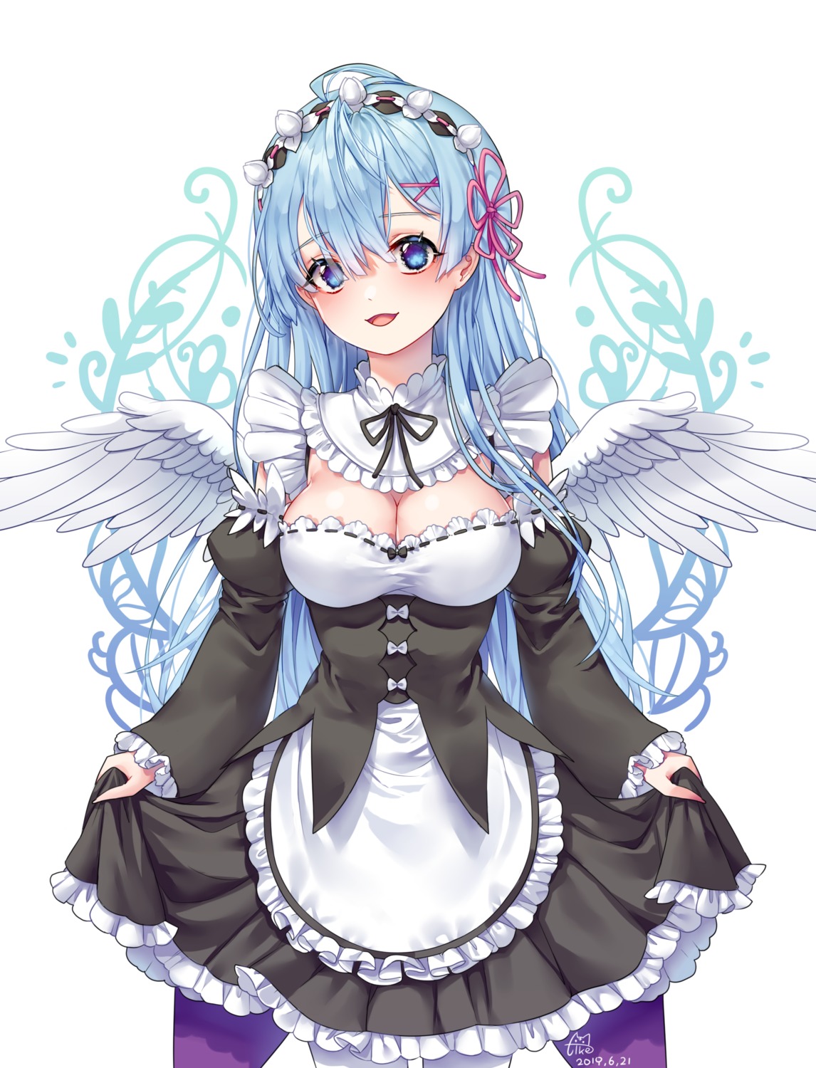 cleavage maid pantyhose re_zero_kara_hajimeru_isekai_seikatsu rem_(re_zero) skirt_lift tacco_(tikeworld) wings