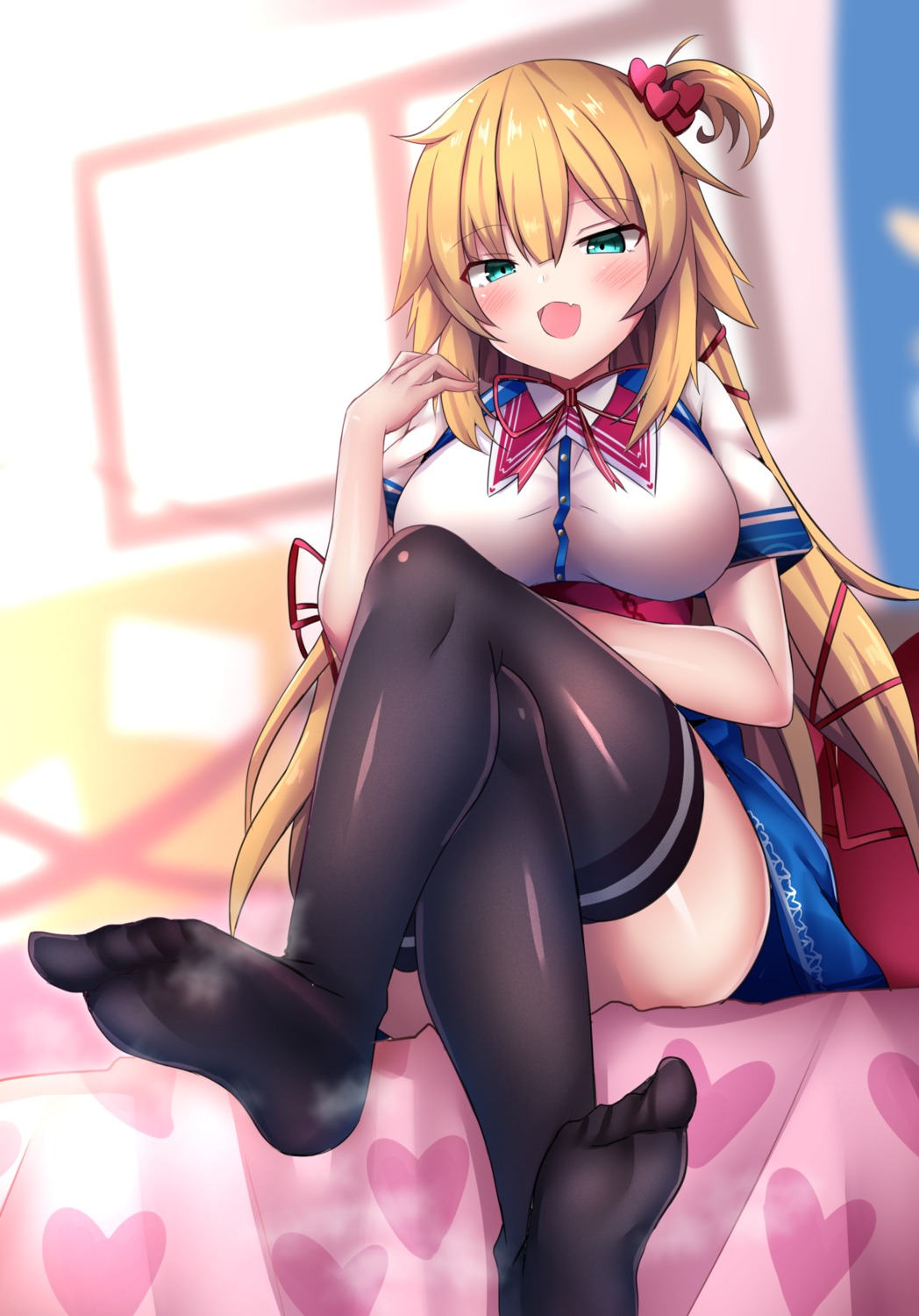 akai_haato feet hololive seifuku shiki_(catbox230123) skirt_lift thighhighs