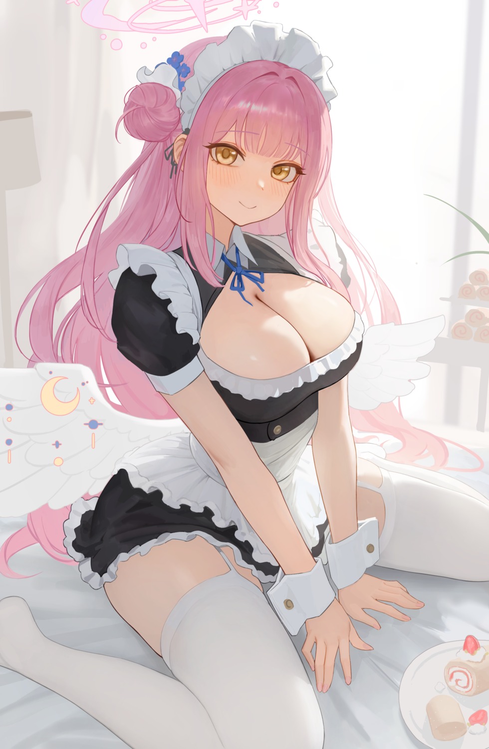 angel blue_archive haloo1101 maid misono_mika no_bra stockings thighhighs wings