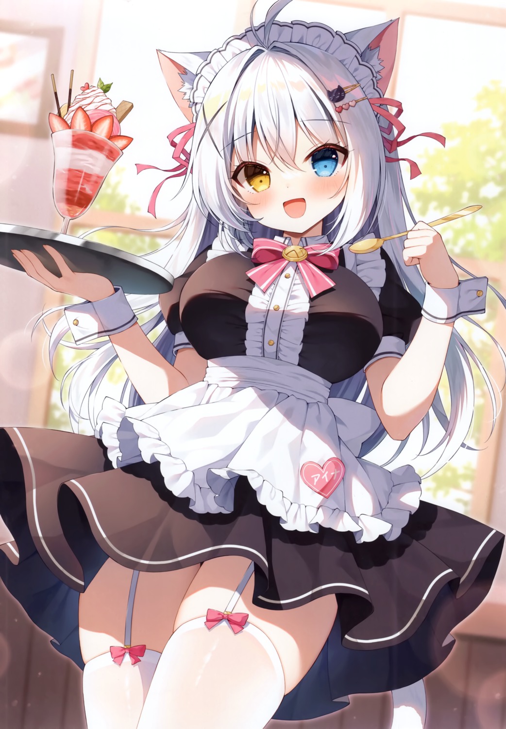 aina_rive animal_ears heterochromia maid mauve nekomimi skirt_lift stockings tail thighhighs waitress wata★punch