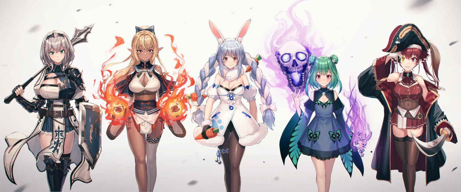 animal_ears armor bunny_ears bunny_girl cleavage dress garter heterochromia hololive houshou_marine japanese_clothes mazel pantsu pantyhose pirate pointy_ears shiranui_flare shirogane_noel string_panties sword thighhighs uruha_rushia usada_pekora weapon