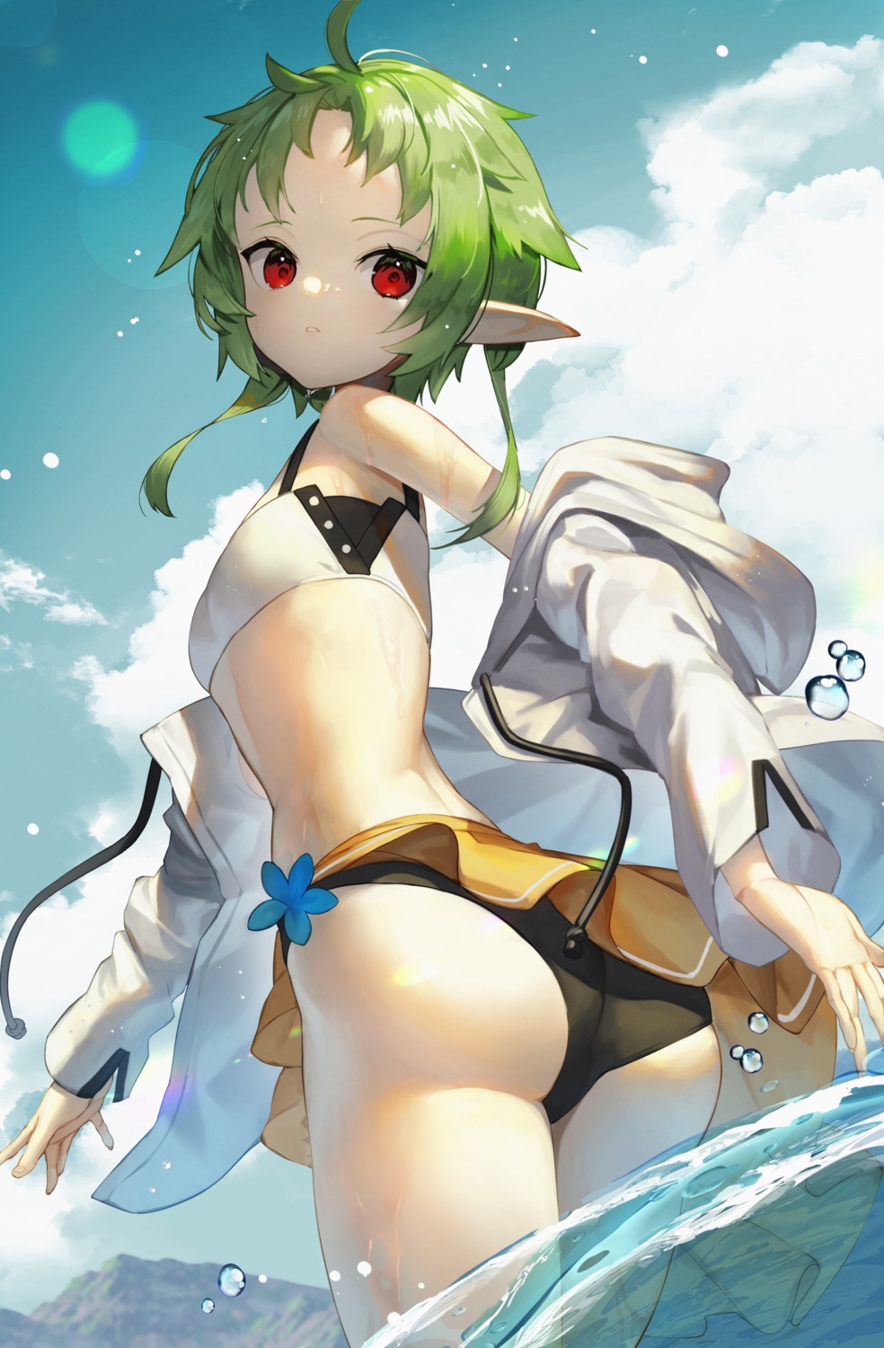 ass bikini elf mushoku_tensei open_shirt pointy_ears scottie swimsuits sylphiette wet