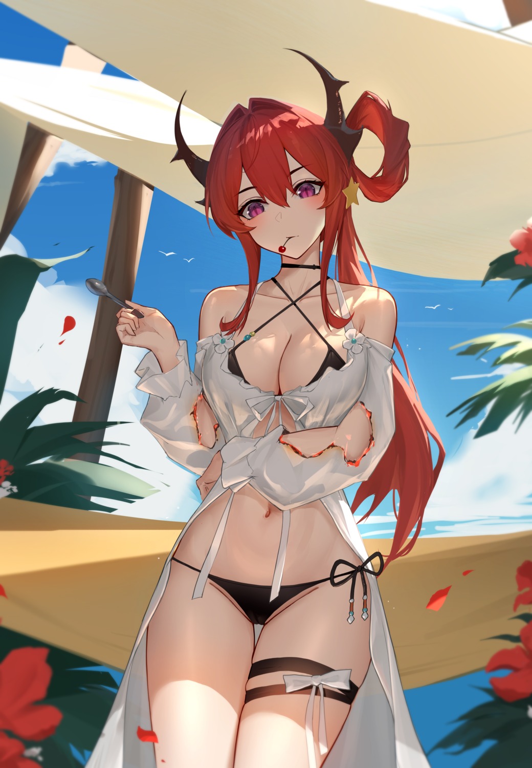 anming arknights bikini cameltoe cleavage garter horns surtr_(arknights) swimsuits torn_clothes