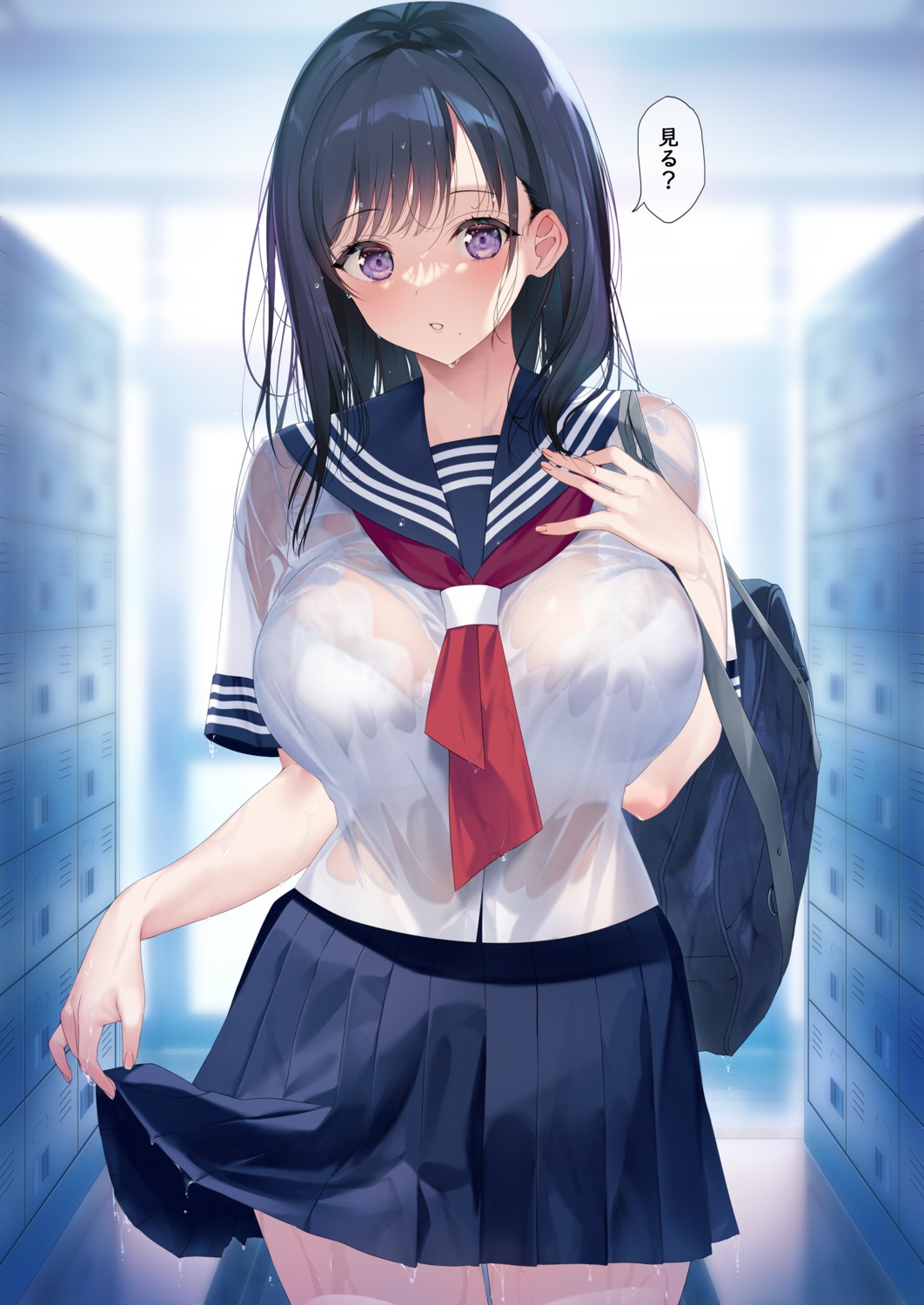 arrow_(tamawo222) bra see_through seifuku skirt_lift wet wet_clothes