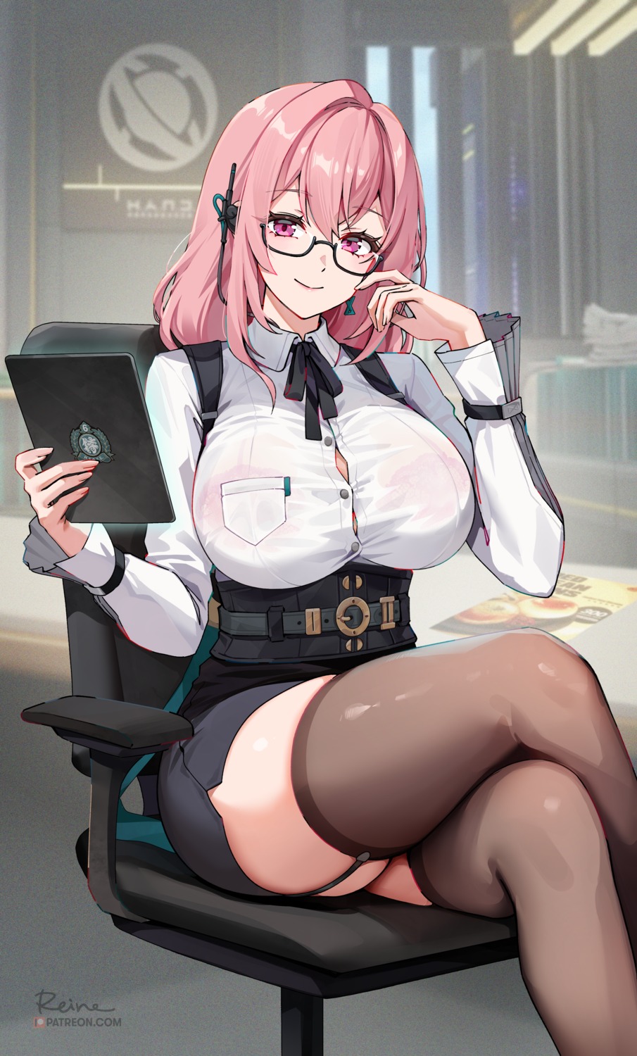 bra dress_shirt foxy_rain megane see_through stockings thighhighs tsukishiro_yanagi zenless_zone_zero