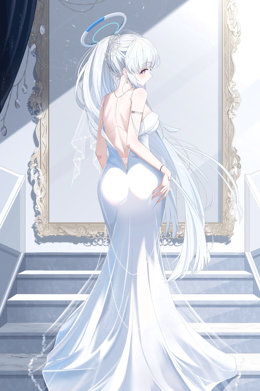 ass blue_archive dress halo no_bra sikimosh ushio_noa wedding_dress