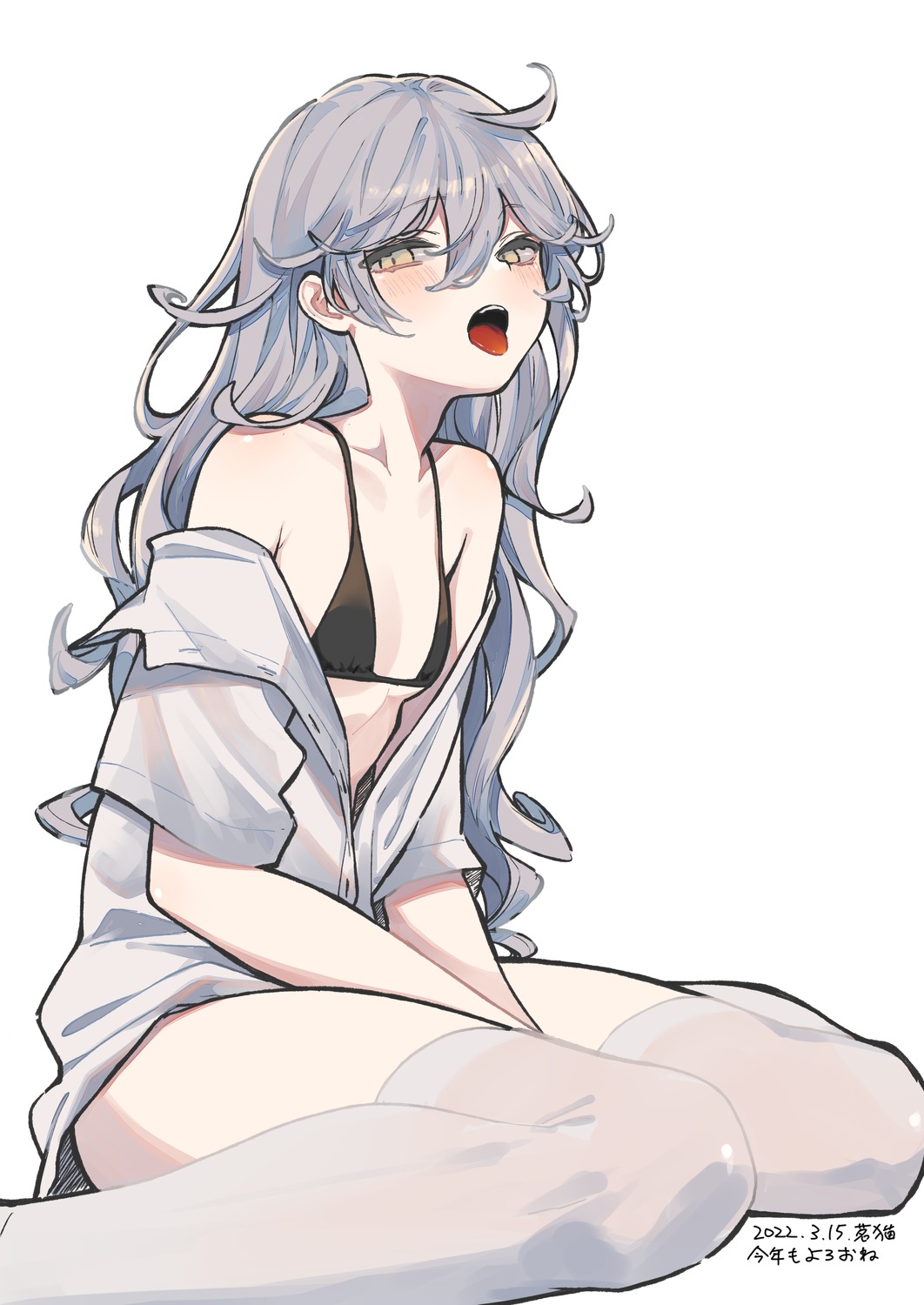 bra dress_shirt mimelond open_shirt see_through thighhighs