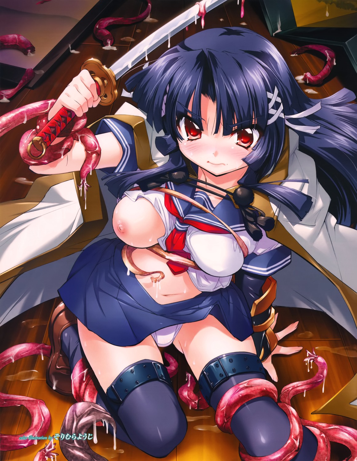 breasts nipples no_bra pantsu seifuku sorimura_youji sword tentacles thighhighs