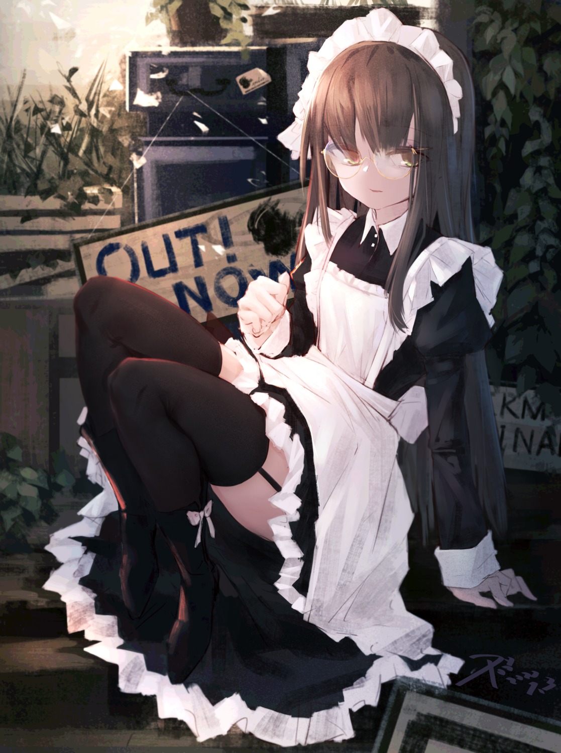 black_poi maid megane skirt_lift stockings thighhighs